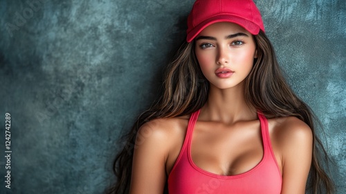 Woman wearing pink tank top and red cap in athleisure fashion with copy space for text and designs