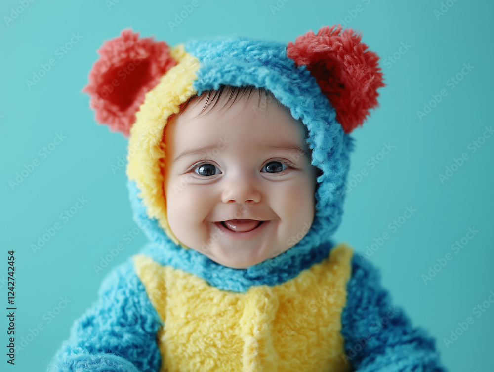 studio portrait of happy baby wearing teddy bear costume, isolated on colour background studio portrait of happy baby wearing teddy bear costume, isolated on colour background