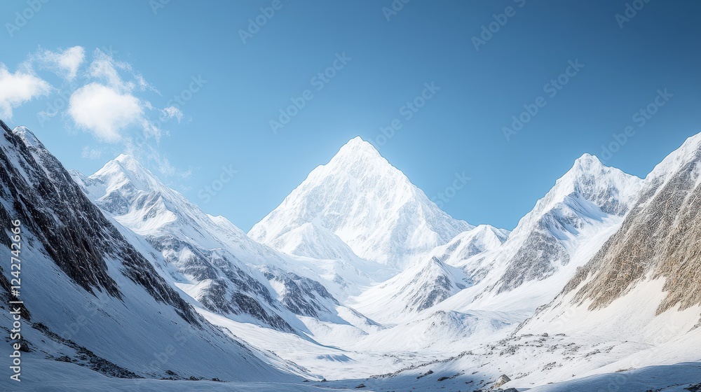 Obraz premium Majestic snow-capped peaks rise against a clear blue sky in a stunning mountain landscape showcasing winter beauty and tranquility