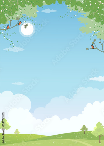 Spring background.Summer landscape of garden with blue sky cloud, sun, forest tree and green grass lawn field on mountains,Vector cute cartoon nature park with copy space for Easter background banner