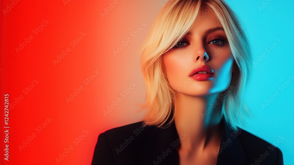 Portrait of a model with soft blonde hair in a stylish jacket, illuminated by vibrant red and blue lighting in a professional photography studio Portrait of a model with soft blonde hair in a stylish jacket, illuminated by vibrant red and blue lighting in a professional photography studio