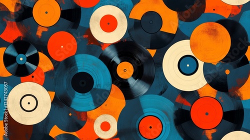 Retro record pattern with seamless musical design for disco themed backgrounds
