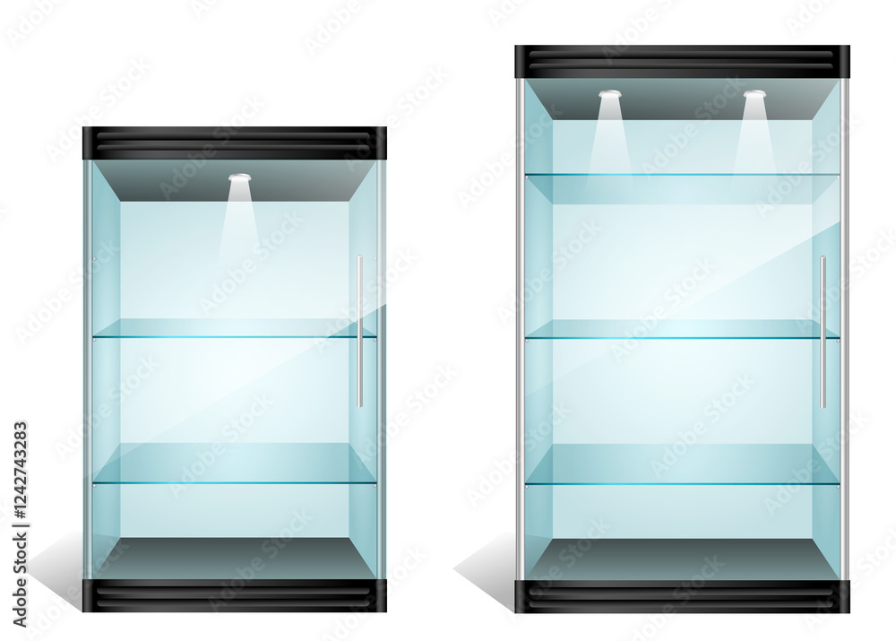 Set of Glass Display Cases with Different Heights and Shelves illustration isolated. Set of Glass Display Cases with Different Heights and Shelves illustration isolated.