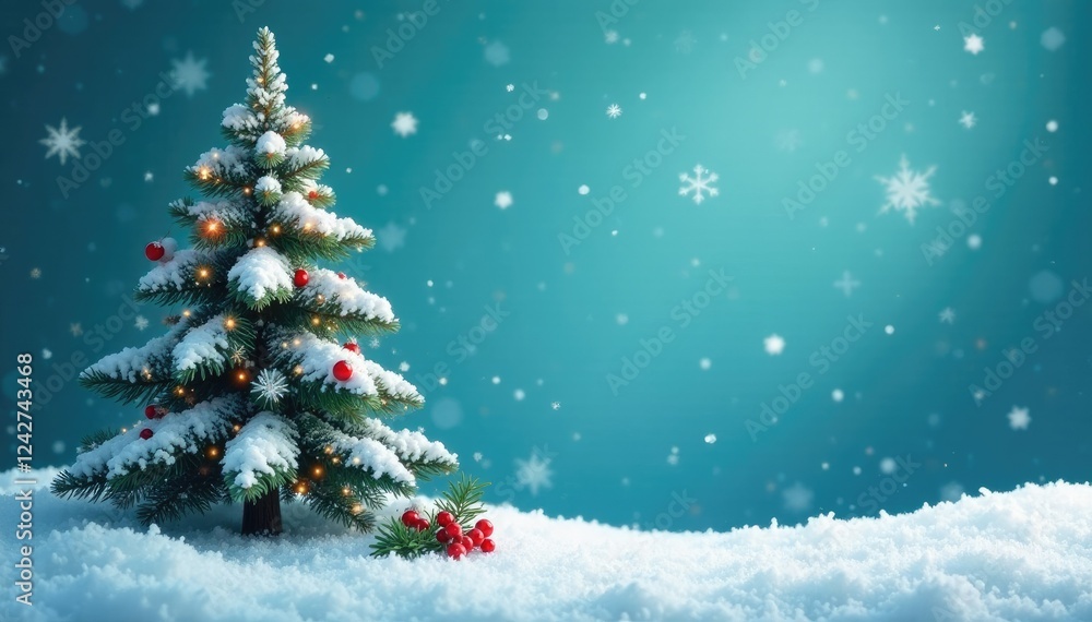 Whimsical Christmas scene with a snowy tree and falling snowflakes, snowflake, mistletoe, red berries Whimsical Christmas scene with a snowy tree and falling snowflakes, snowflake, mistletoe, red berries