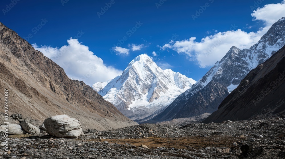 A majestic mountain, adorned with a stunning layer of snow on its peaks, towers magnificently over a tranquil valley, all beneath a canopy of bright blue skies dotted with fluffy clouds A majestic mountain, adorned with a stunning layer of snow on its peaks, towers magnificently over a tranquil valley, all beneath a canopy of bright blue skies dotted with fluffy clouds
