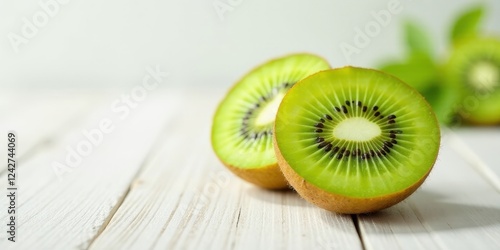 Close-up of vibrant kiwi fruit slices on a rustic white wooden surface