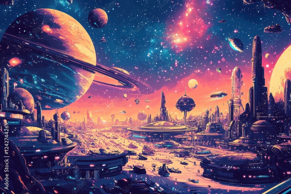 Obraz premium Futuristic Cityscape Underneath Ringed Planets And Stars