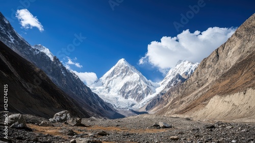 A breathtaking mountain range, adorned with majestic, snow-capped peaks, rises magnificently against a backdrop of a clear, azure sky, nestled within a rugged valley photo