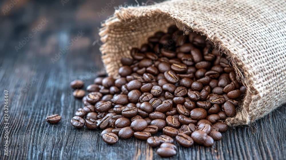 A burlap sack spills roasted coffee beans onto a wooden surface, showcasing their rich texture. A burlap sack spills roasted coffee beans onto a wooden surface, showcasing their rich texture.