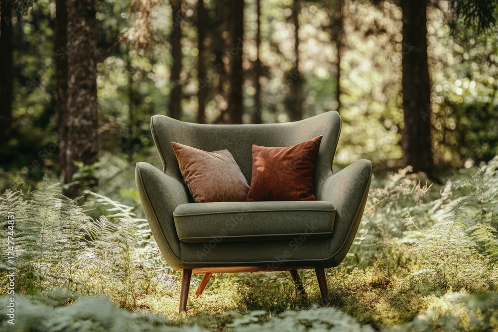 A stylish green armchair sits amidst a sun-dappled forest, adorned with plush cushions. A stylish green armchair sits amidst a sun-dappled forest, adorned with plush cushions.