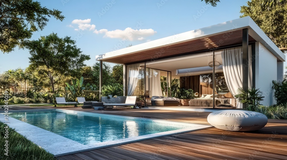 Fototapeta premium Upscale modern villa showcasing elegant design in a 3D rendering.