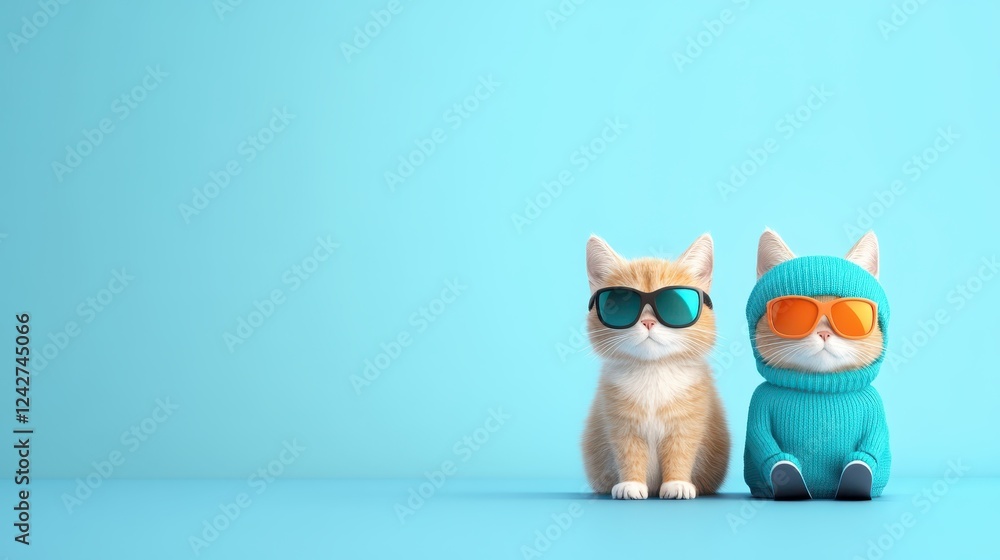 Fototapeta premium Cats donning fashionable ski jumpers are having a delightful day on the slopes, adding a touch of charm and cheer to the winter sports experience