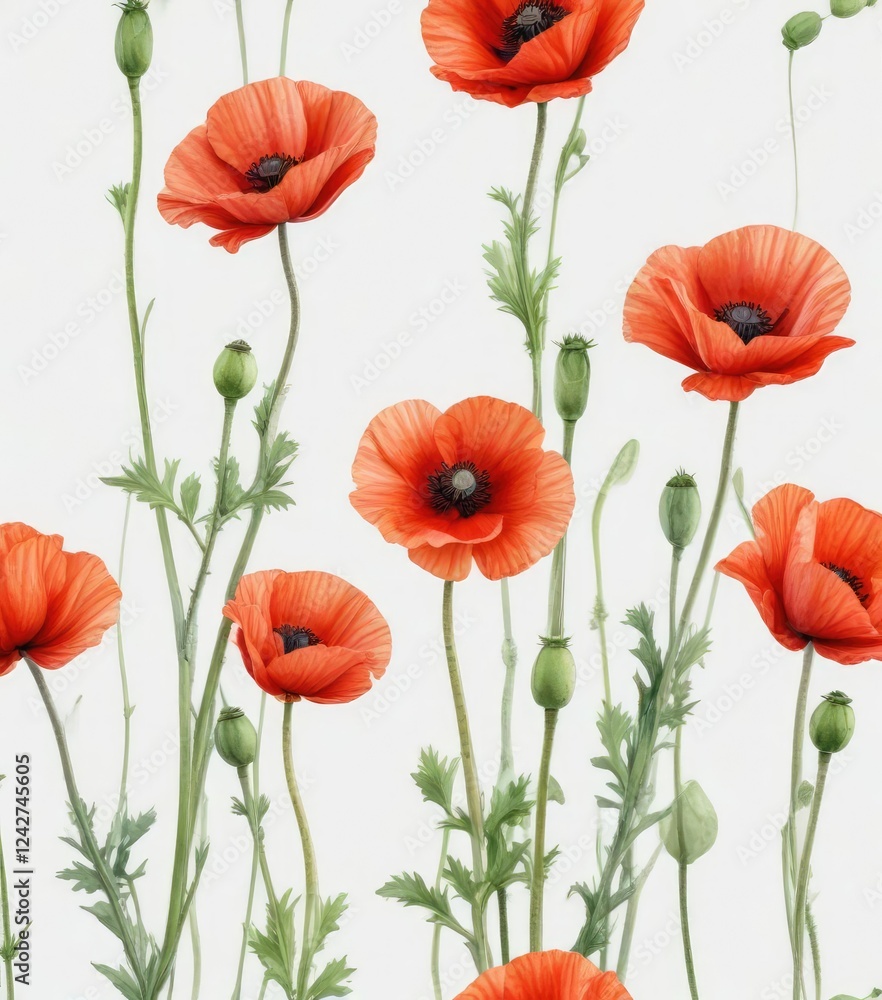 Obraz premium Watercolor clipart of poppy buds ready to bloom on a white background, bloom, vibrant, buds