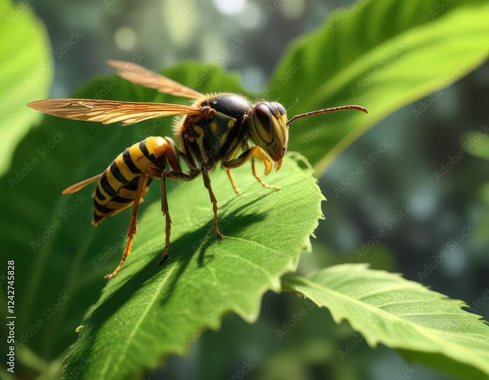 Wasp on green leaf with long stinger in sunlight, biology, sunlight, entomology