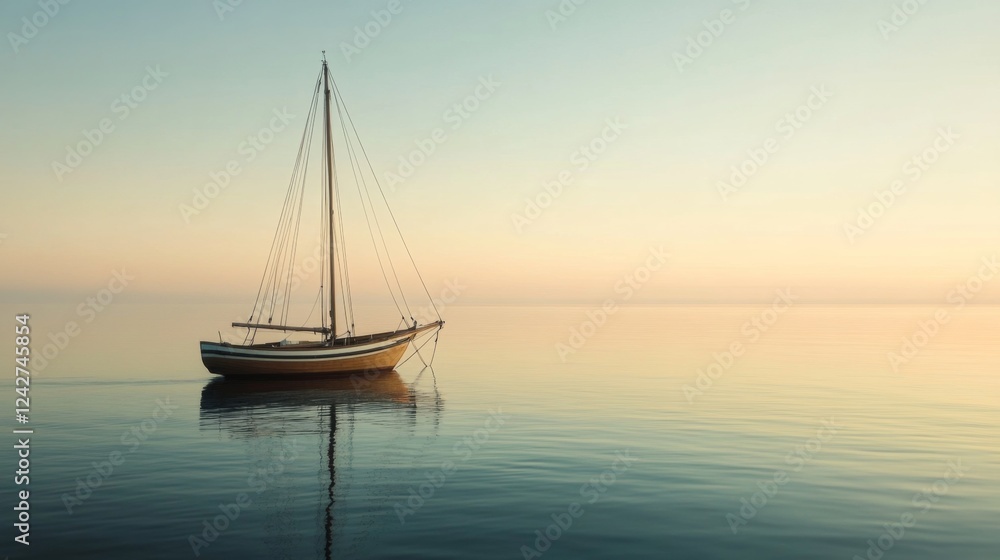 Calm sunset sea, sailboat at anchor, tranquil waters, peaceful scene, travel postcard Calm sunset sea, sailboat at anchor, tranquil waters, peaceful scene, travel postcard
