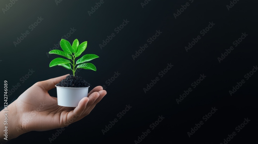 A hand holding a small potted plant with vibrant green leaves against a dark background, symbolizing growth and nurturing. A hand holding a small potted plant with vibrant green leaves against a dark background, symbolizing growth and nurturing.