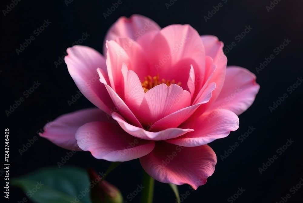 A Delicate Pink Blossom, Gracefully Unfurling its Petals Against a Dark Background, Evokes Feelings of Serenity and Natural Beauty A Delicate Pink Blossom, Gracefully Unfurling its Petals Against a Dark Background, Evokes Feelings of Serenity and Natural Beauty