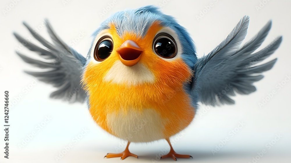 Obraz premium Cute Chubby Cartoon Bird with Colorful Plumage and Big Eyes