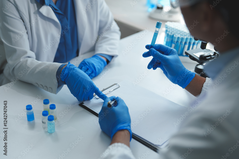 Two scientists wearing lab coats and gloves are examining a test tube containing blue liquid, discussing findings and taking notes on a clipboard in a laboratory setting Two scientists wearing lab coats and gloves are examining a test tube containing blue liquid, discussing findings and taking notes on a clipboard in a laboratory setting