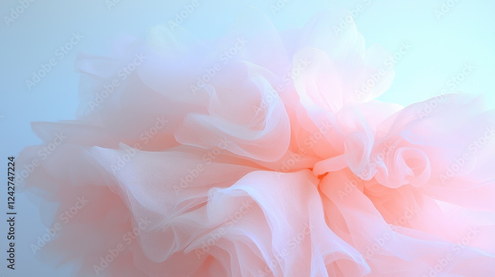 Peach tulle fabric texture, soft folds, close-up, light background, design element Peach tulle fabric texture, soft folds, close-up, light background, design element