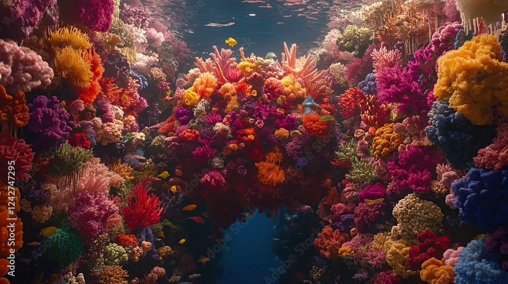 Fototapeta premium Vibrant coral reef, ocean floor, fish swimming, underwater scene, nature documentary