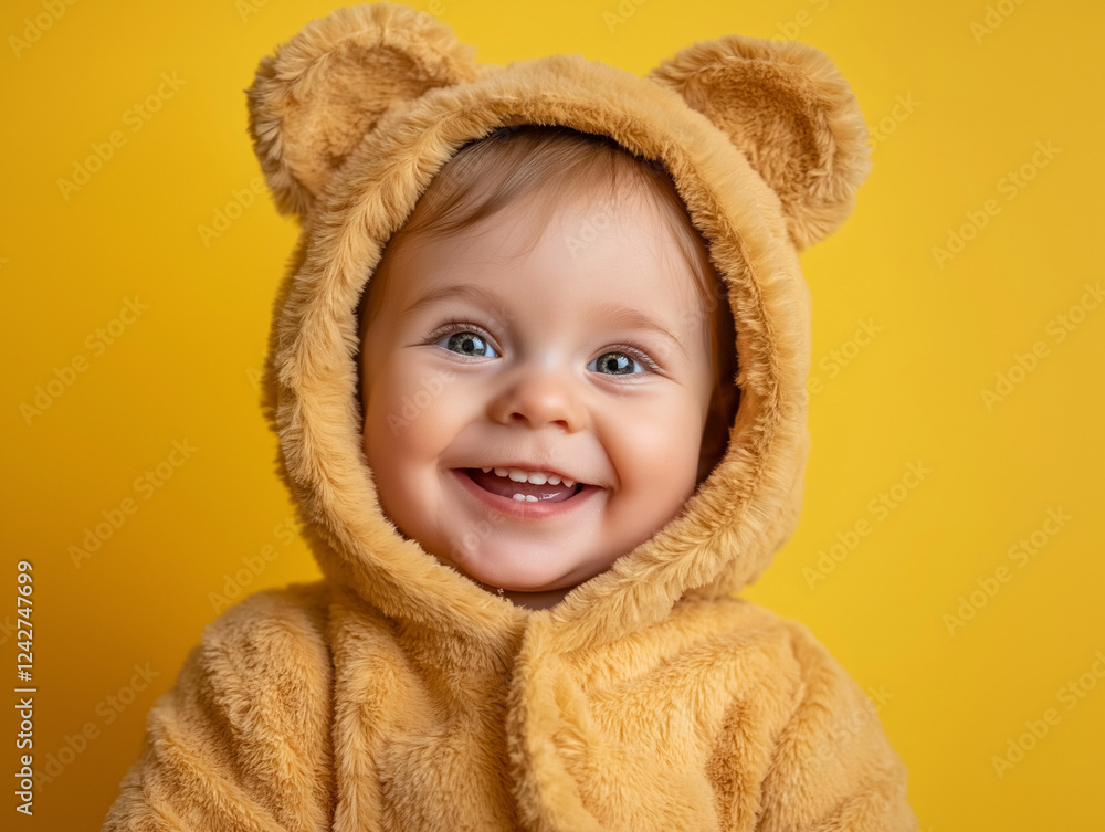 studio portrait of happy baby wearing teddy bear costume, isolated on colour background studio portrait of happy baby wearing teddy bear costume, isolated on colour background