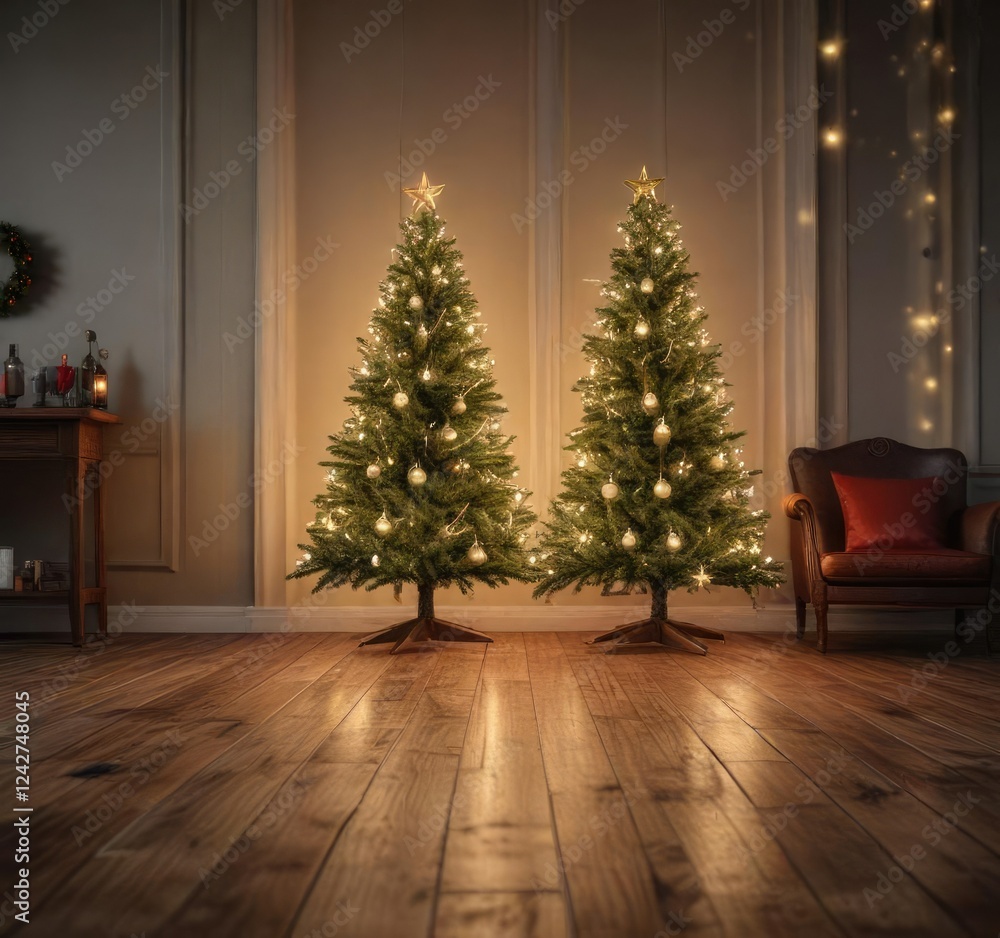 Fototapeta premium Vintage Christmas tree set up on a wooden floor with glowing lights, vintage, cozy