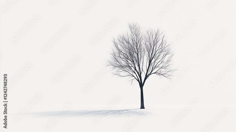 Obraz premium Lone tree, winter snow, minimalist background, serene landscape, design element