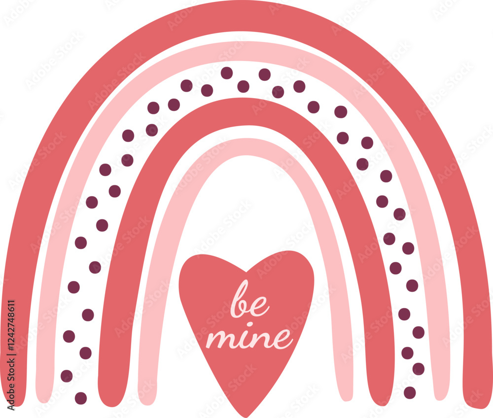 Cute pink Valentines Day rainbow with a heart and Be Mine design, for greeting cards, prints, nursery art, posters, branding, stickers, and invitations. Cute pink Valentines Day rainbow with a heart and Be Mine design, for greeting cards, prints, nursery art, posters, branding, stickers, and invitations.