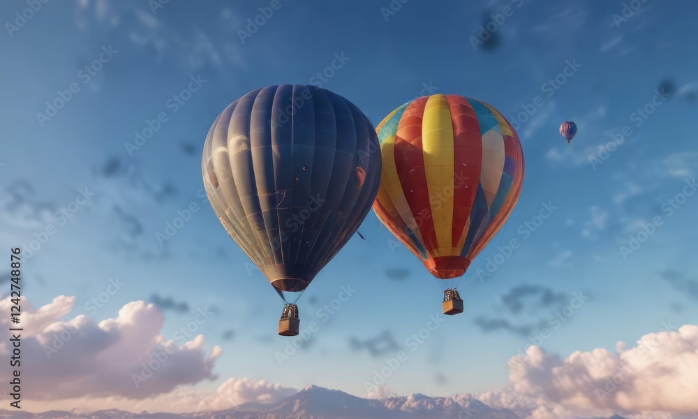 Vibrant hot air balloon floating in the clear blue sky , sunny day, bright colors, beautiful clouds Vibrant hot air balloon floating in the clear blue sky , sunny day, bright colors, beautiful clouds