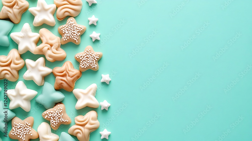 Naklejka premium Star cookies, teal background, copy space