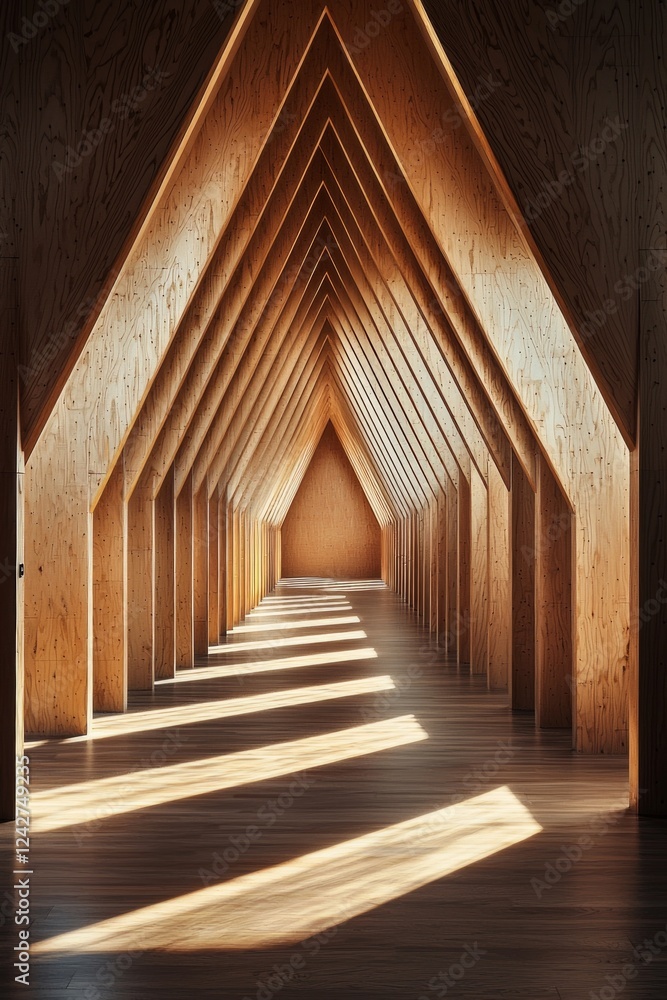 An empty, wooden, triangular room with shadows on the wall. Showcases geometric architecture, light and shadow play, and a symmetrical composition