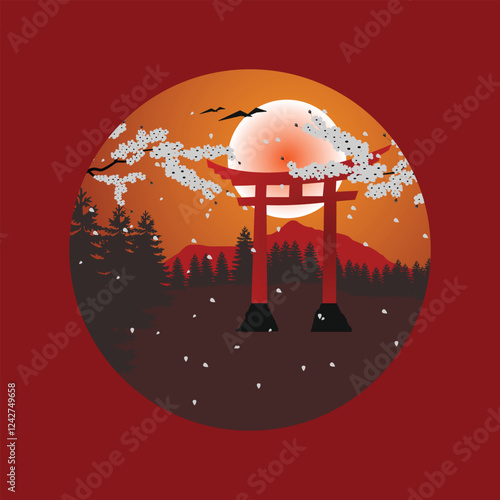Torii Gate Illustration Design with Cherry Blossoms in Red Color