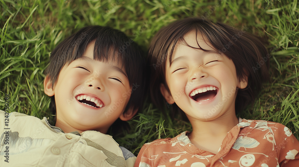 日本人の子ども二人が芝生の上で寝転んで笑っているクローズアップ写真