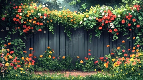 Blooming flowers climb garden fence, summer background