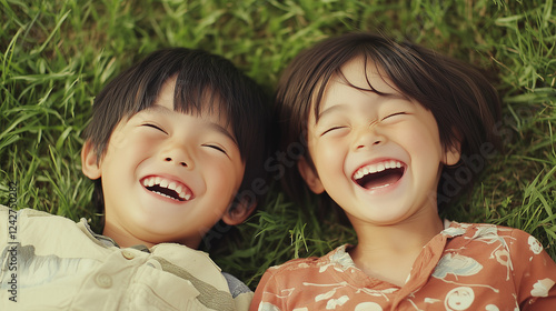 Obraz na płótnie 日本人の子ども二人が芝生の上で寝転んで笑っているクローズアップ写真 w salonie
