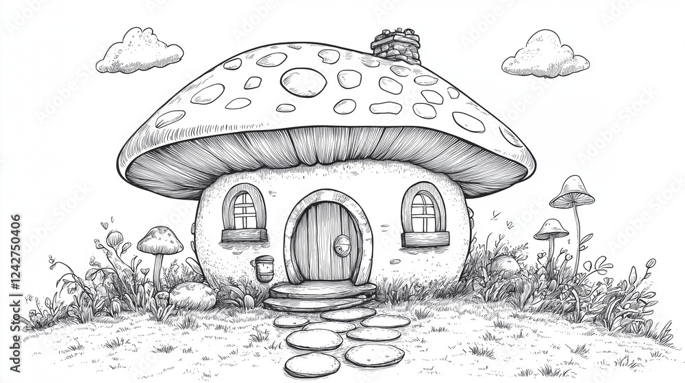 きのこを家にしている小人の家の線画 塗り絵 ミニチュア