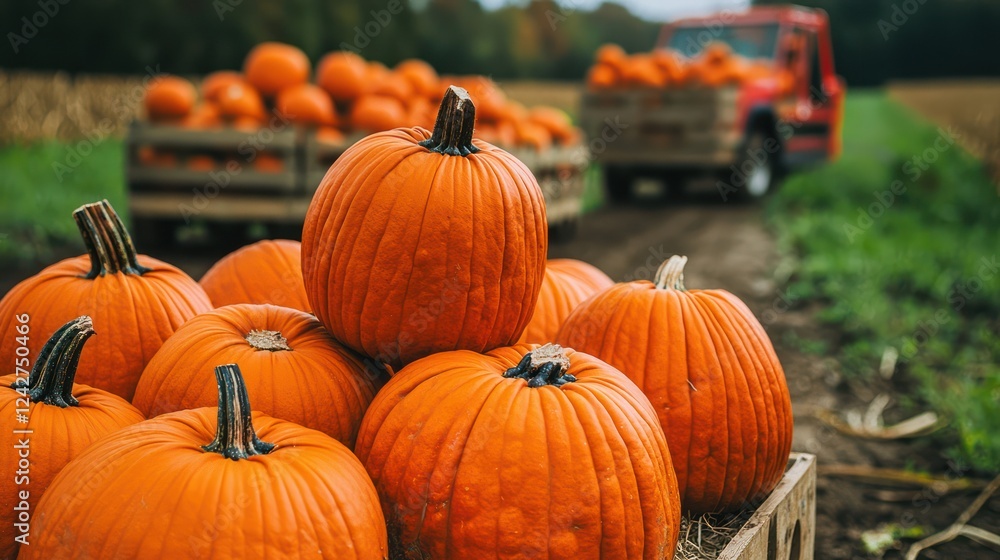 A vibrant display of pumpkins in wooden crates on a farm, ready for harvest. A vibrant display of pumpkins in wooden crates on a farm, ready for harvest.