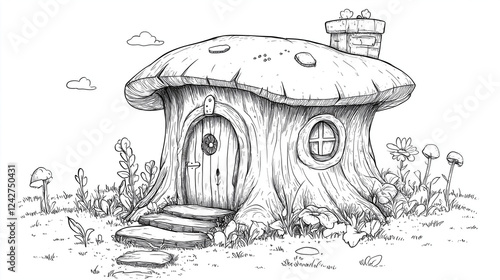 切り株を家にしている小人の家の線画　塗り絵　ミニチュア