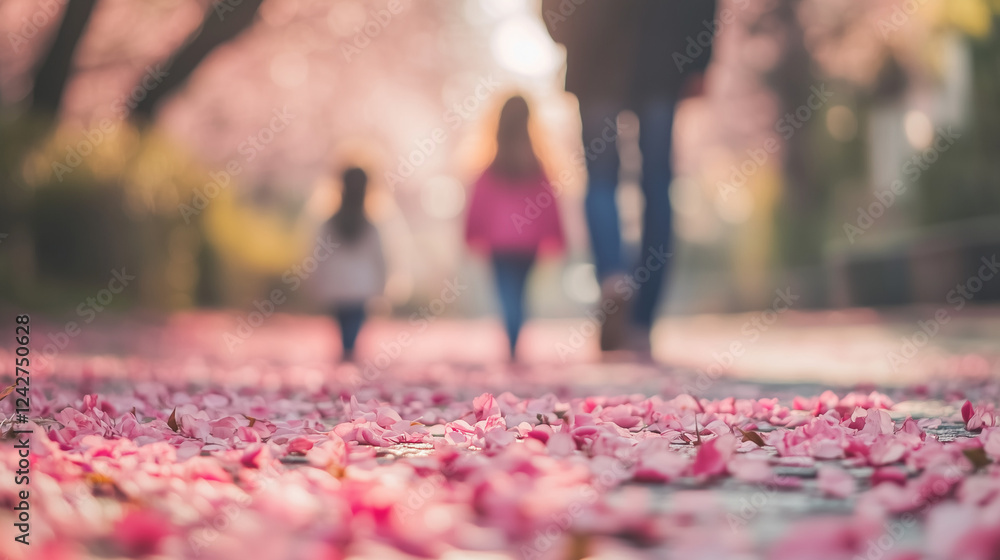 手前の桜の花びらがぼけた背景 四人家族で歩いている後ろ姿 お花見 テキストスペースあり
幻想的な雰囲気