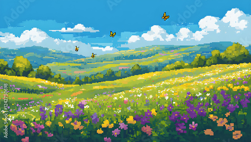 A pixel art landscape of a hill covered in blooming tulips and wildflowers, under a bright blue sky.