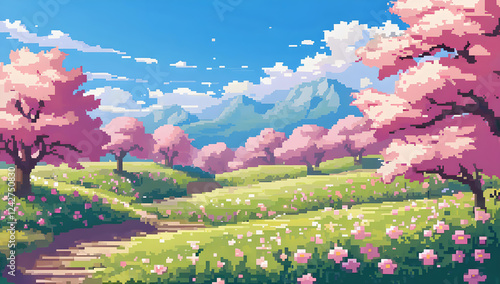 A pixel art landscape of a hill covered in blooming cherry blossoms, with a blue sky and open fields. 