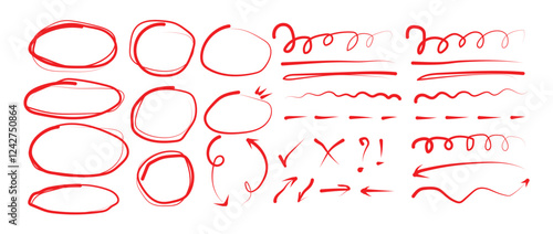 Marker lines and Red color isolated on transparent background. Hand drawn highlight, arrows, text underline strokes and emphasis marks. Brush elements for notes and underlining in text
