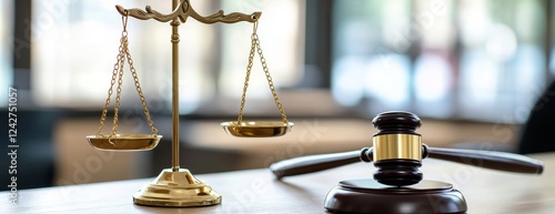 Justice scales & gavel on office desk, blurred background photo