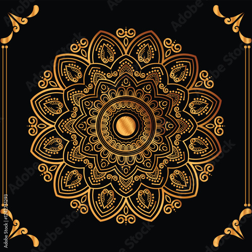 Luxury mandala design black background in gold color
