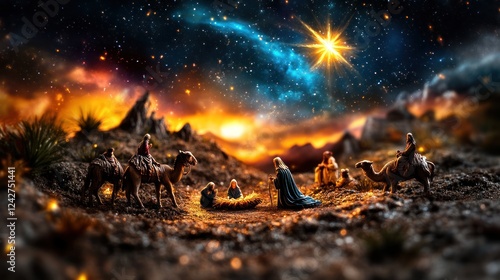 Fototapeta Naklejka Na Ścianę i Meble -  Magical Nativity: Holy Family, Shepherds, and Camels under Starry Night Sky with Bethlehem's Star