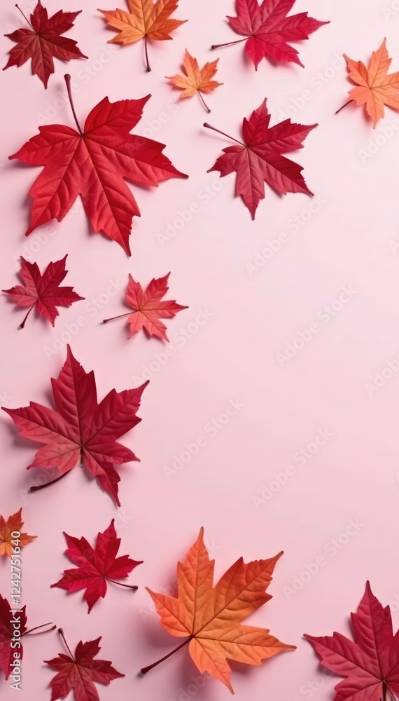 Pink-tinted maple leaves scattered on a light pink surface, natural elements, maple leaves Pink-tinted maple leaves scattered on a light pink surface, natural elements, maple leaves