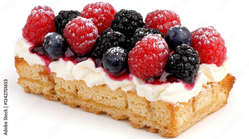 A dessert featuring a sponge base topped with whipped cream and mixed berries. A dessert featuring a sponge base topped with whipped cream and mixed berries.