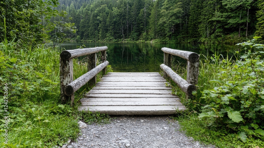 Wooden bridge to tranquil forest lake Wooden bridge to tranquil forest lake