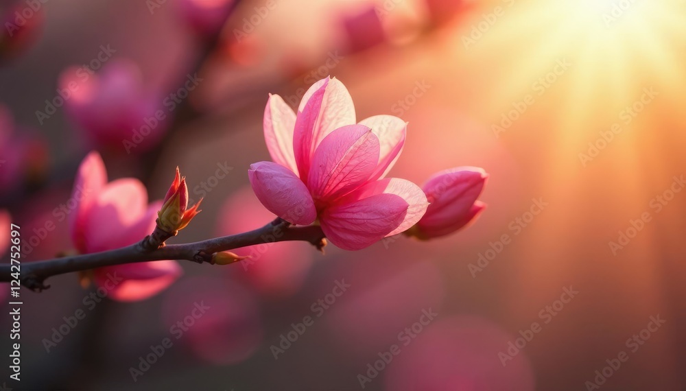 Delicate pink petals unfolding from a branch at sunrise, natural, gentle, blossom Delicate pink petals unfolding from a branch at sunrise, natural, gentle, blossom
